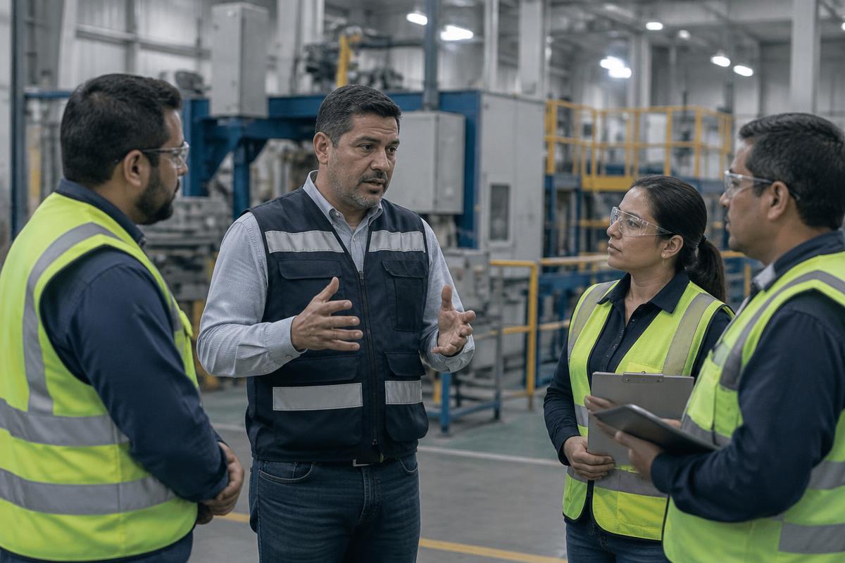 Gerente de planta conversando con su equipo de supervisores